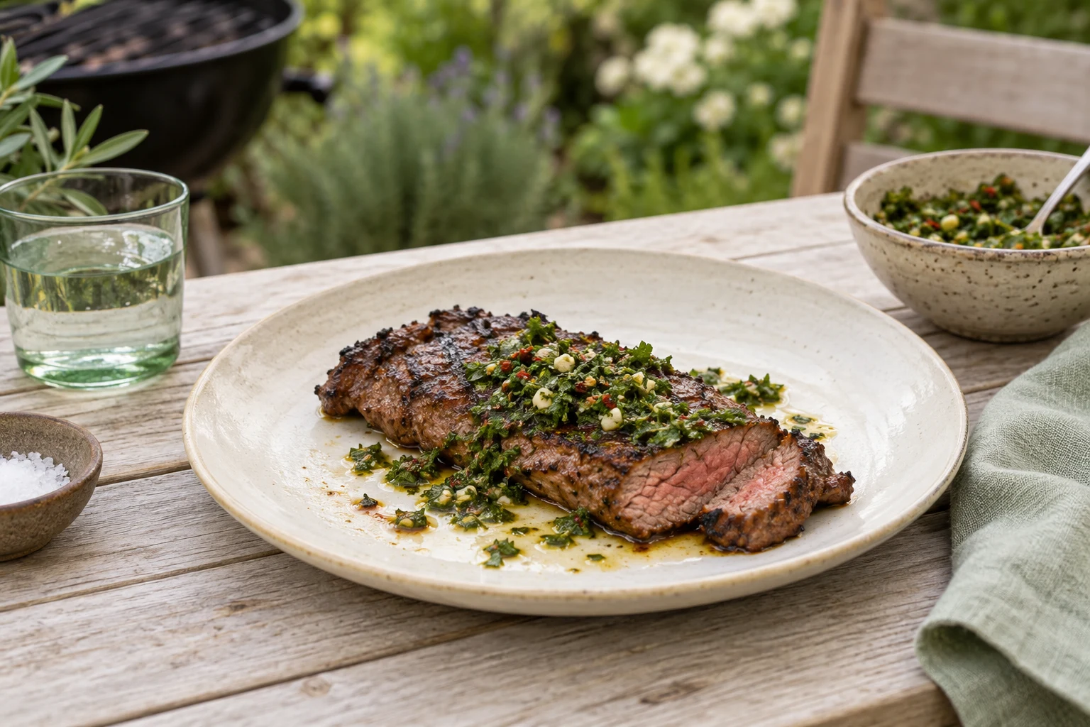 A modest portion of grilled beef with chimichurri on an off-white plate at a pale wooden outdoor table
