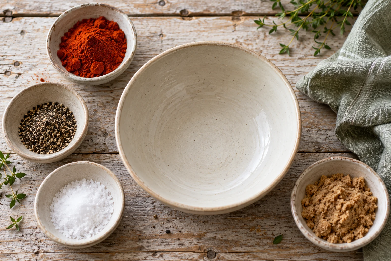 Separate small bowls of paprika, black pepper, salt and brown sugar beside an empty mixing bowl, restrained warm spice colors, top-down composition