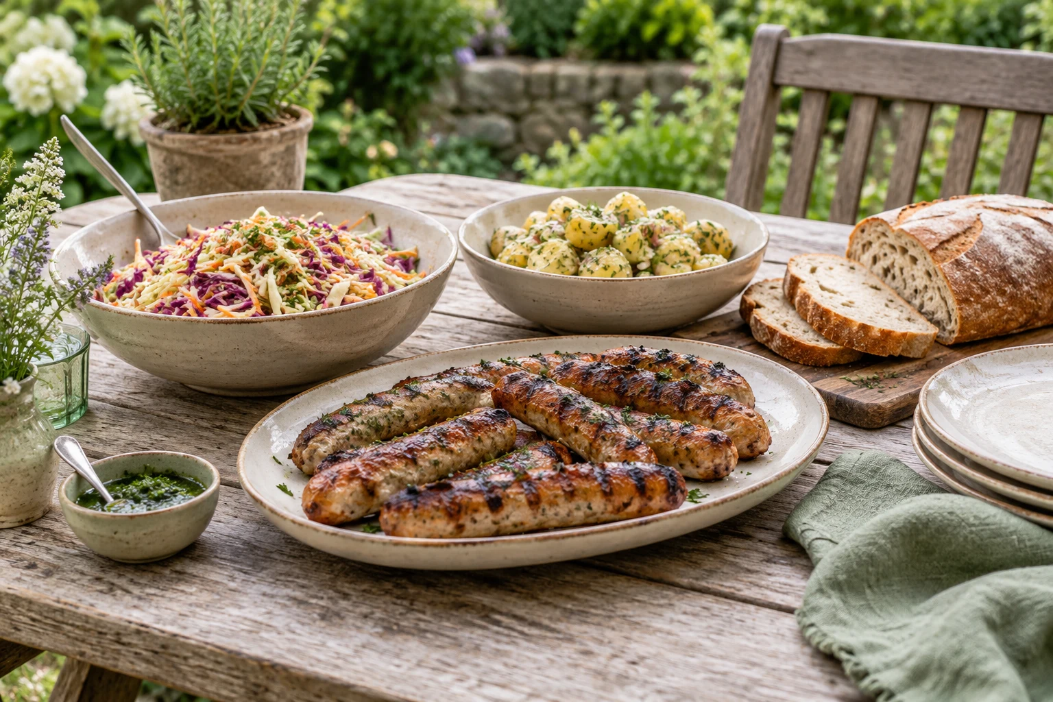A modest garden lunch spread of grilled sausages, a bowl of slaw, potato salad and bread for a few people, breathable arrangement