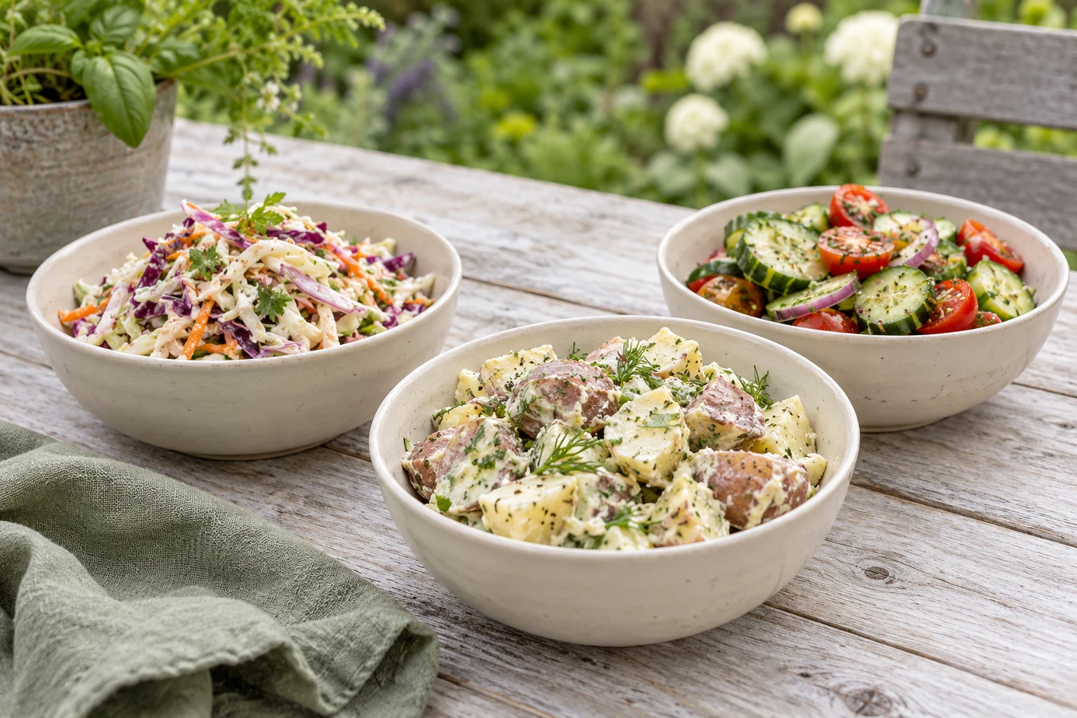Three small cream bowls of cabbage slaw, herbed potato salad and cucumber tomato salad on a pale garden table