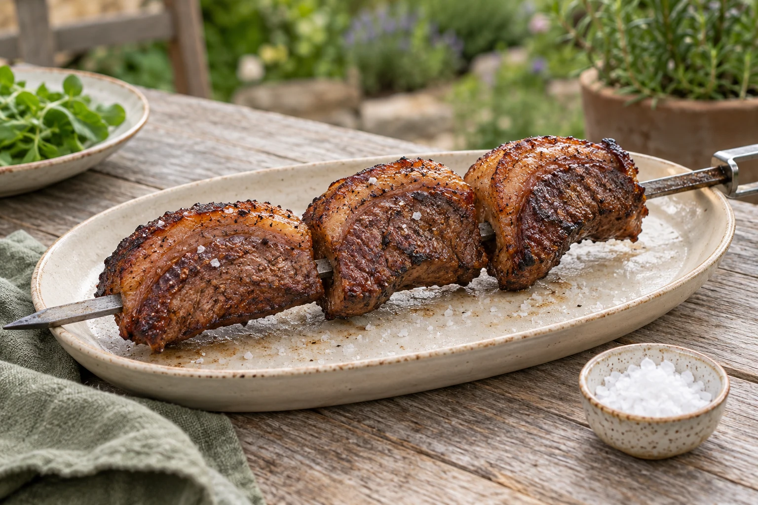A single metal skewer with three curved pieces of cooked picanha resting across a shallow cream serving platter, coarse salt in a tiny bowl beside it