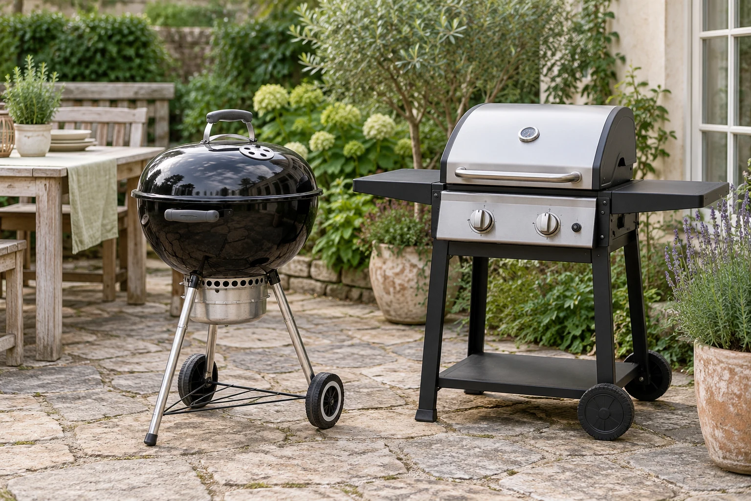 A compact charcoal kettle and a small gas grill side by side on an uncluttered garden stone patio, both unlit