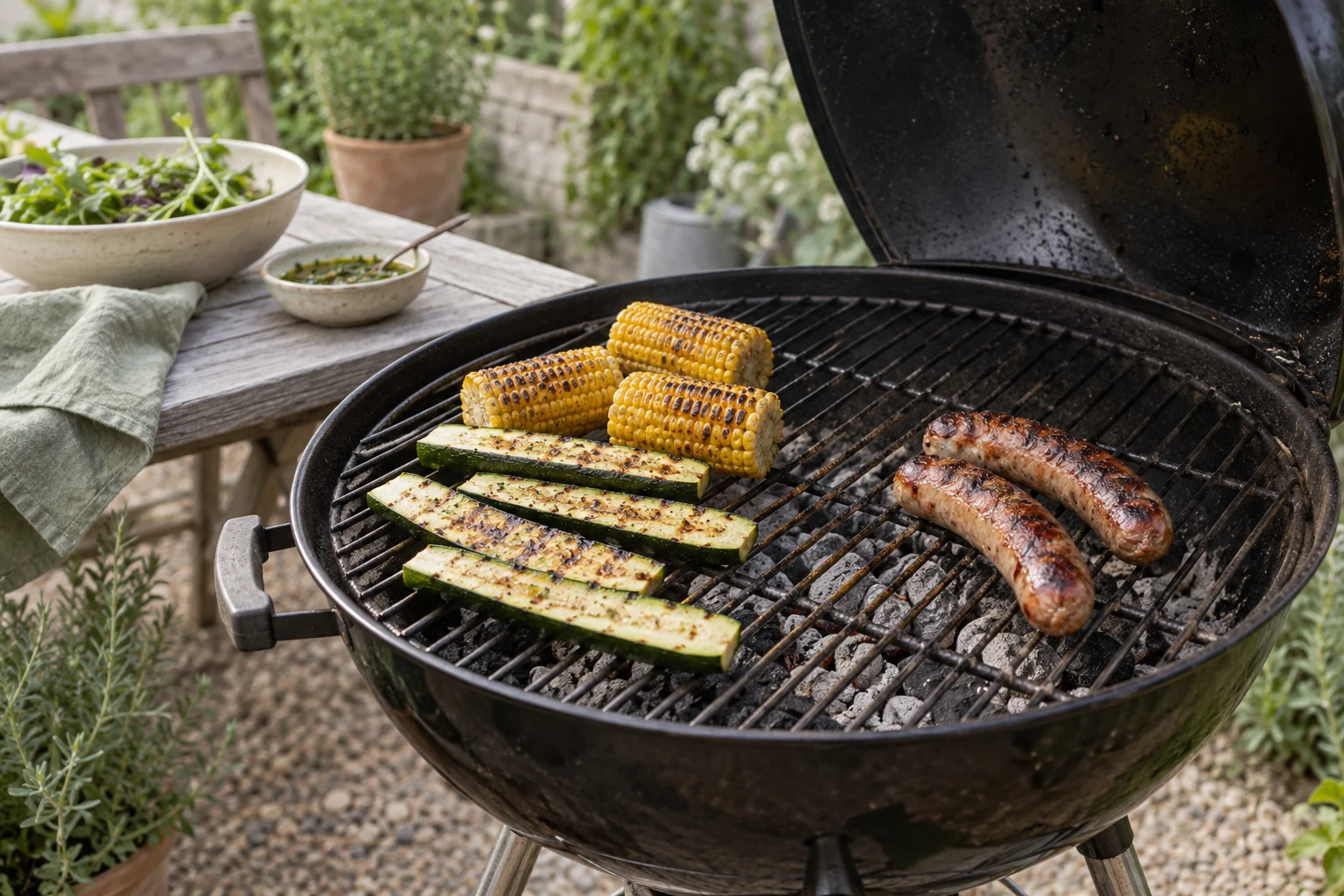An open grill with a few corn cobs and courgette strips on one half and two sausages on the other, realistic spacing and no flames