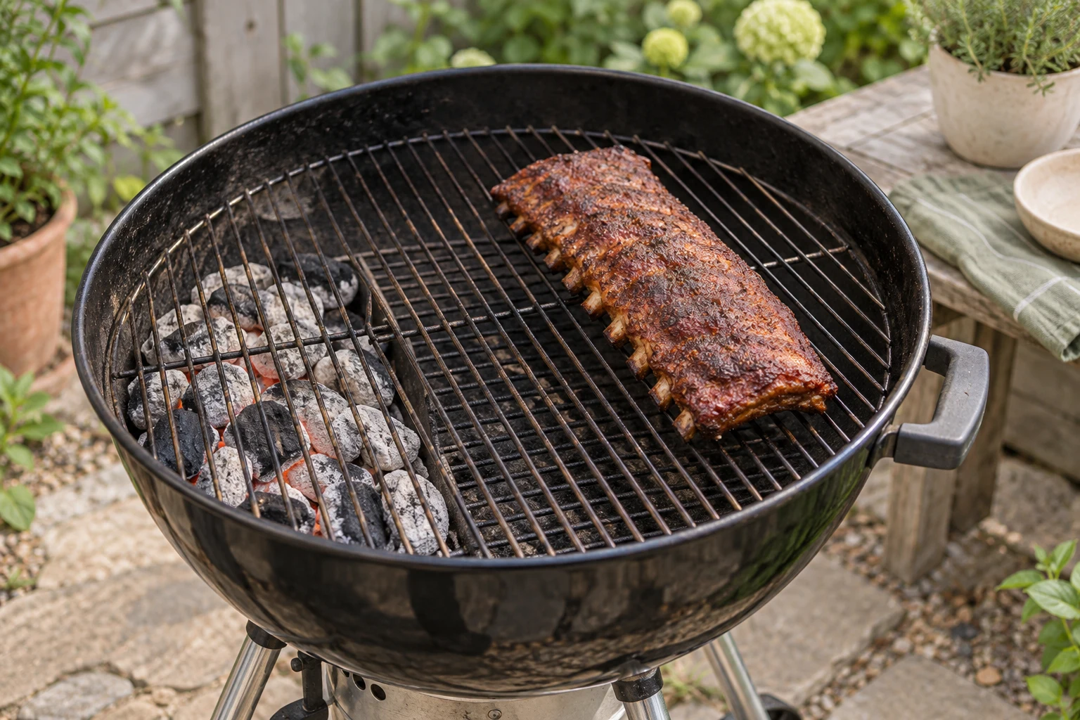 An intact modest rack of pork ribs resting on the coal-free side of an open kettle grate, charcoal visibly banked on the opposite side, no dramatic smoke