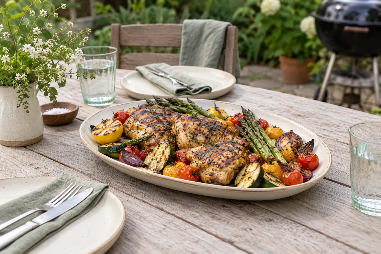 A modest backyard table with a single platter of grilled chicken and seasonal vegetables, cream plates and sage napkins