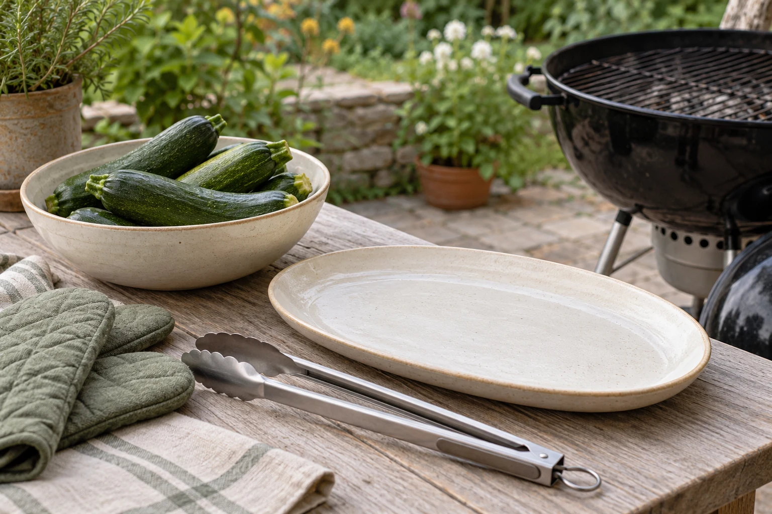 A simple grilling preparation station: long metal tongs, clean cream platter, heat-resistant mitts and a bowl of whole courgettes beside an outdoor kettle