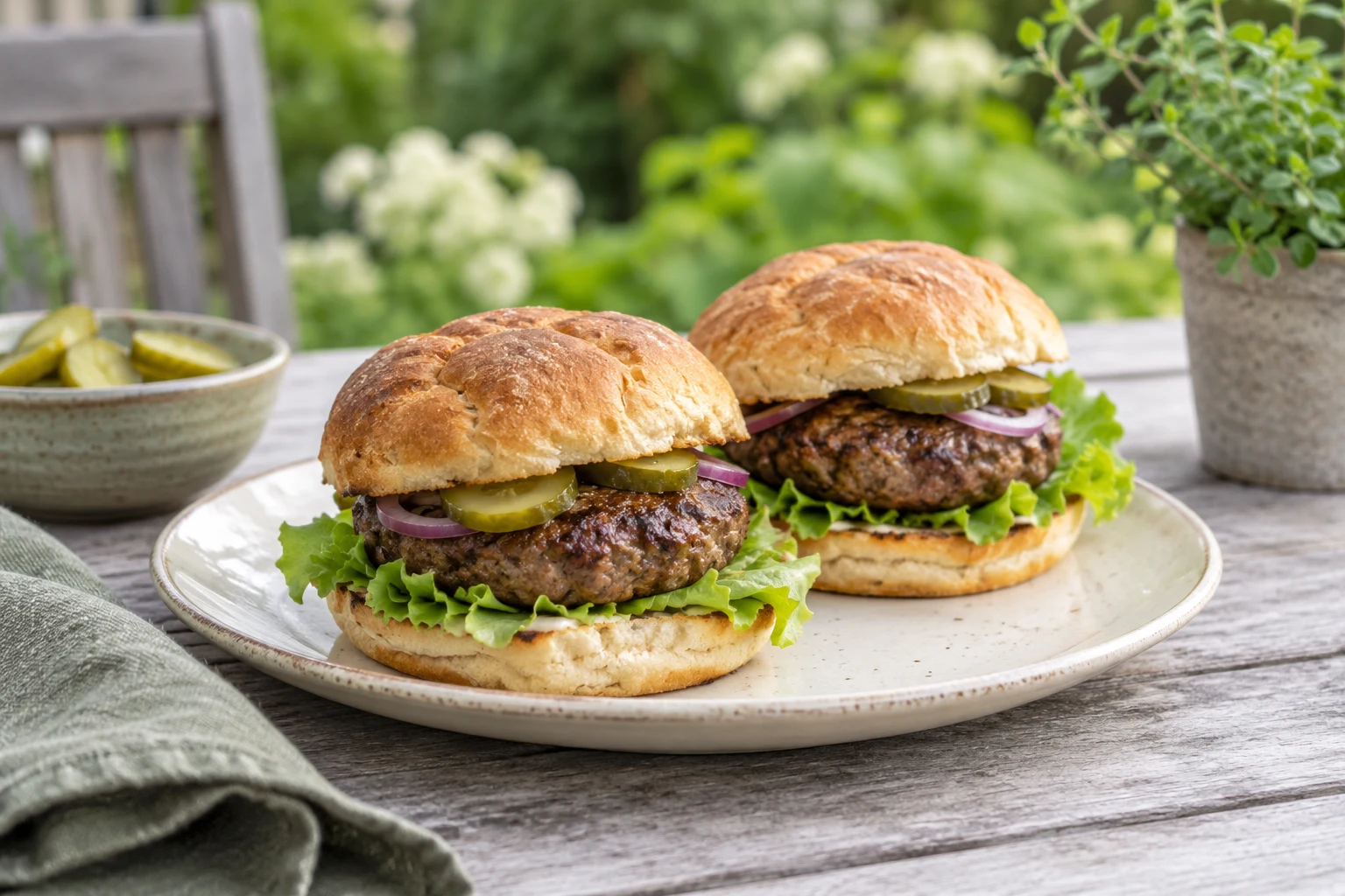 Two modest homemade beef burgers on a cream plate with lettuce, uneven buns and pickles, not a towering commercial burger