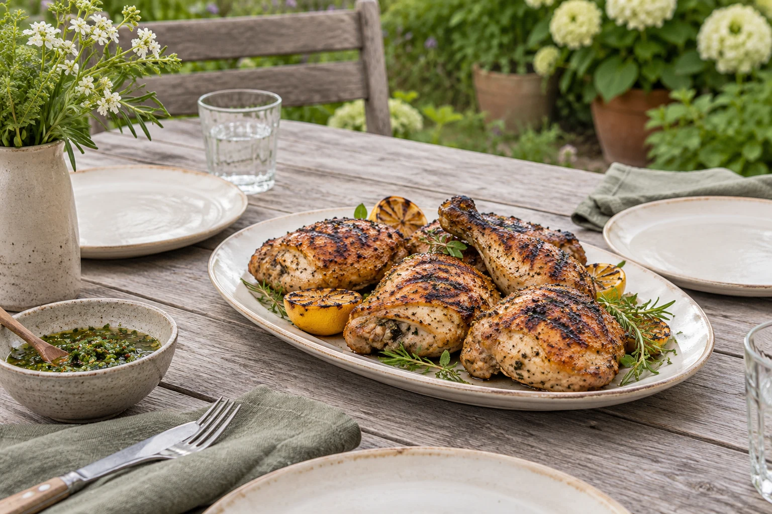 A modest platter of grilled chicken portions beside several empty cream plates at a garden table, restrained family portions