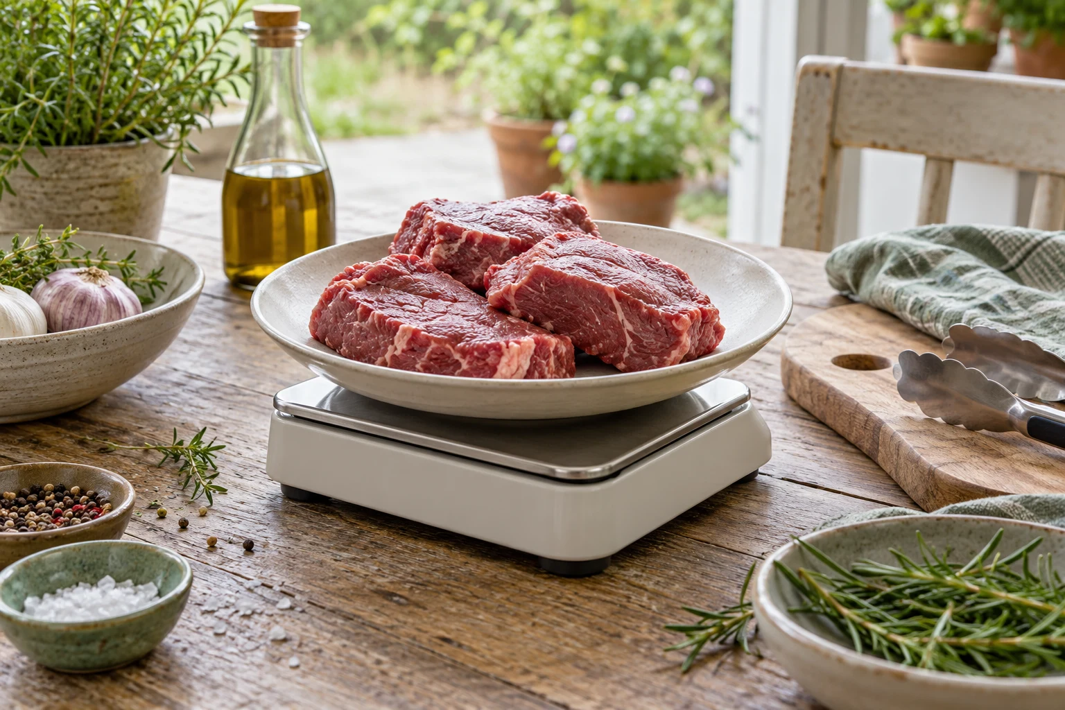 A clean kitchen scale with a shallow plate of uncooked beef portions, separate clean utensils on a washable surface; display turned away, no fabricated numbers