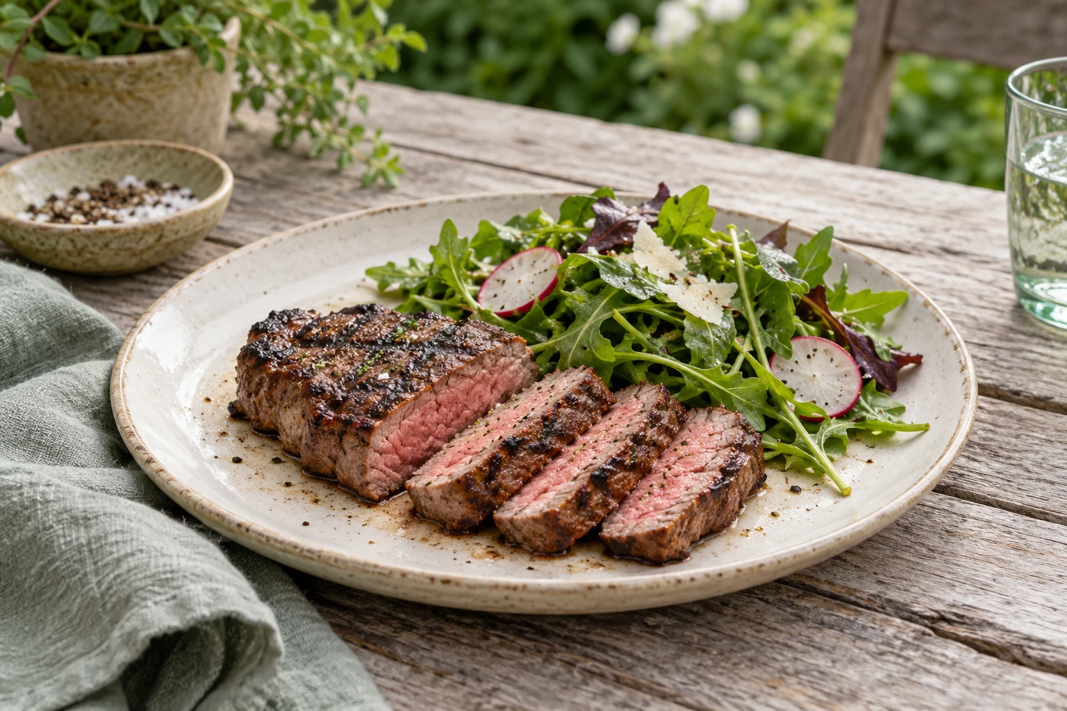 One modest grilled steak sliced into four pieces on a cream plate with green salad, natural matte surface and realistic meat grain