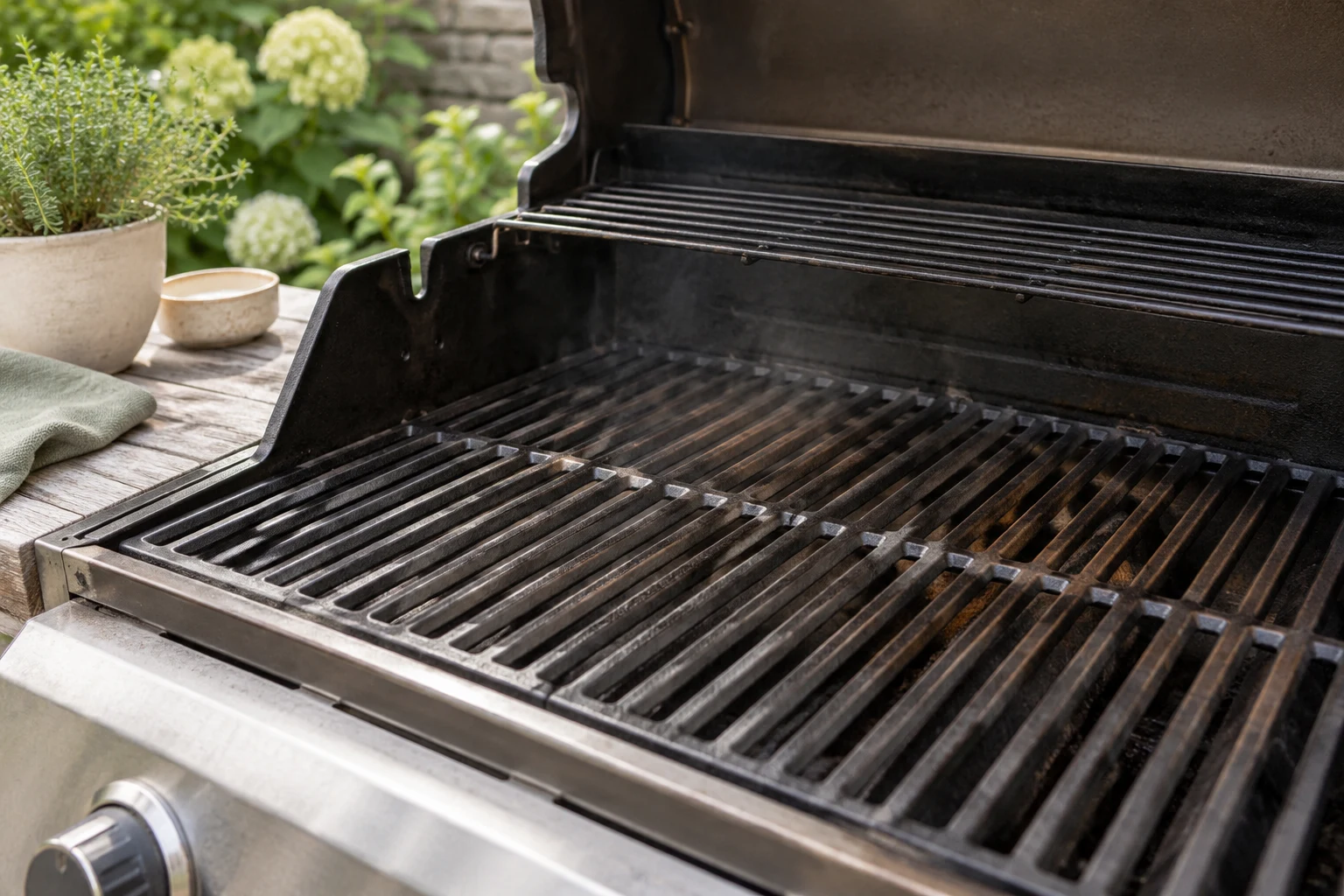 Close-up of clean parallel cooking grates inside a gas grill, lid open, gentle heat haze, no food, no flames or glowing red metal