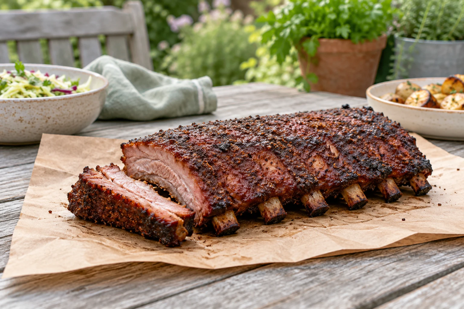 A modest rack of smoked ribs resting on clean uncoated butcher paper on a wooden garden table, one end rib cut to reveal natural meat texture