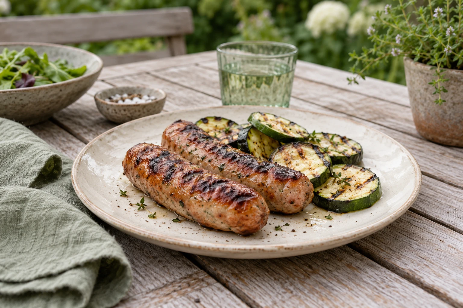Two simply grilled sausages with courgette slices on an off-white plate at a garden table