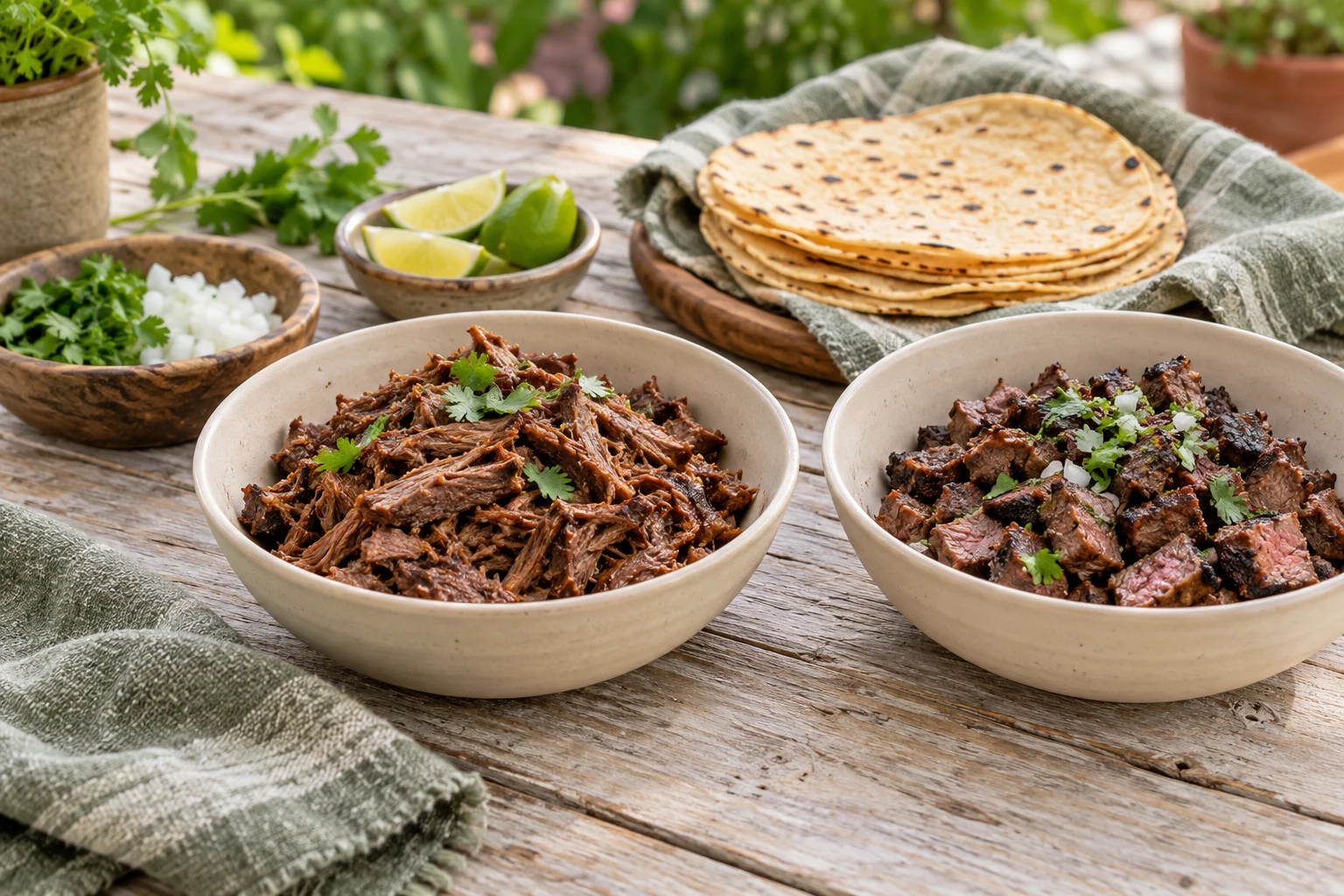 Two small cream bowls on pale wood, one with tender shredded beef and the other with chopped grilled beef, warm corn tortillas and lime nearby