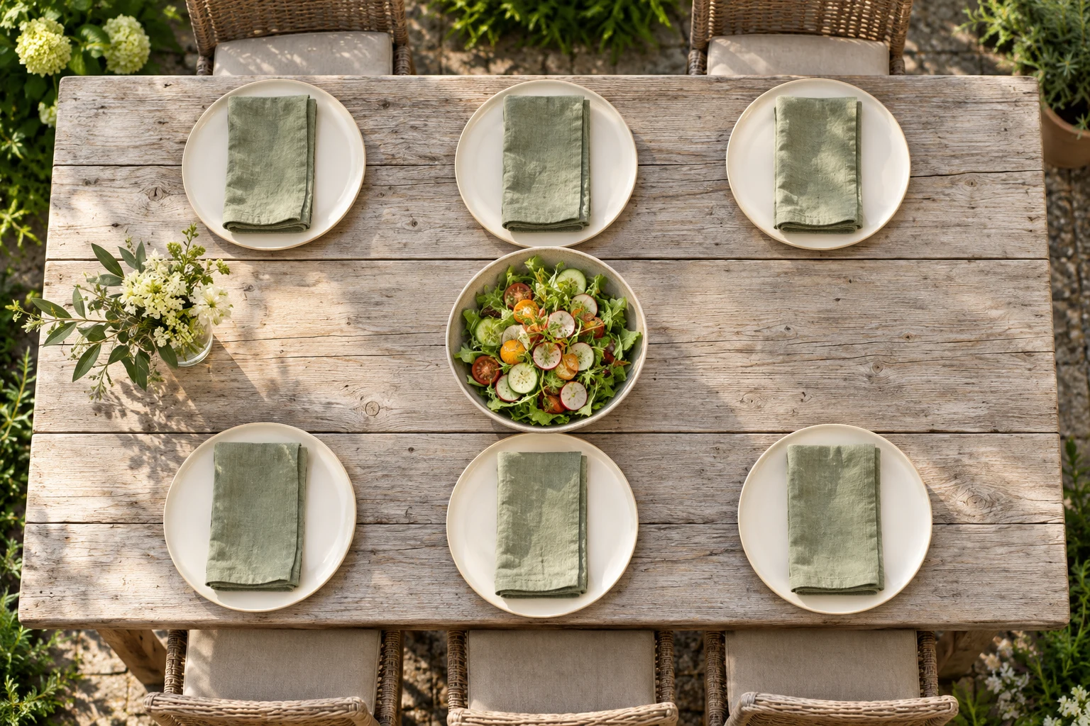 Overhead view of six cream dinner plates with sage napkins around a small salad bowl on a wooden garden table