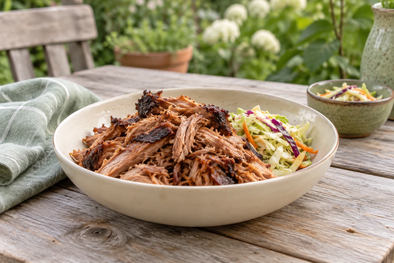 A shallow cream bowl of freshly pulled pork with a small side of cabbage slaw, garden lunch setting