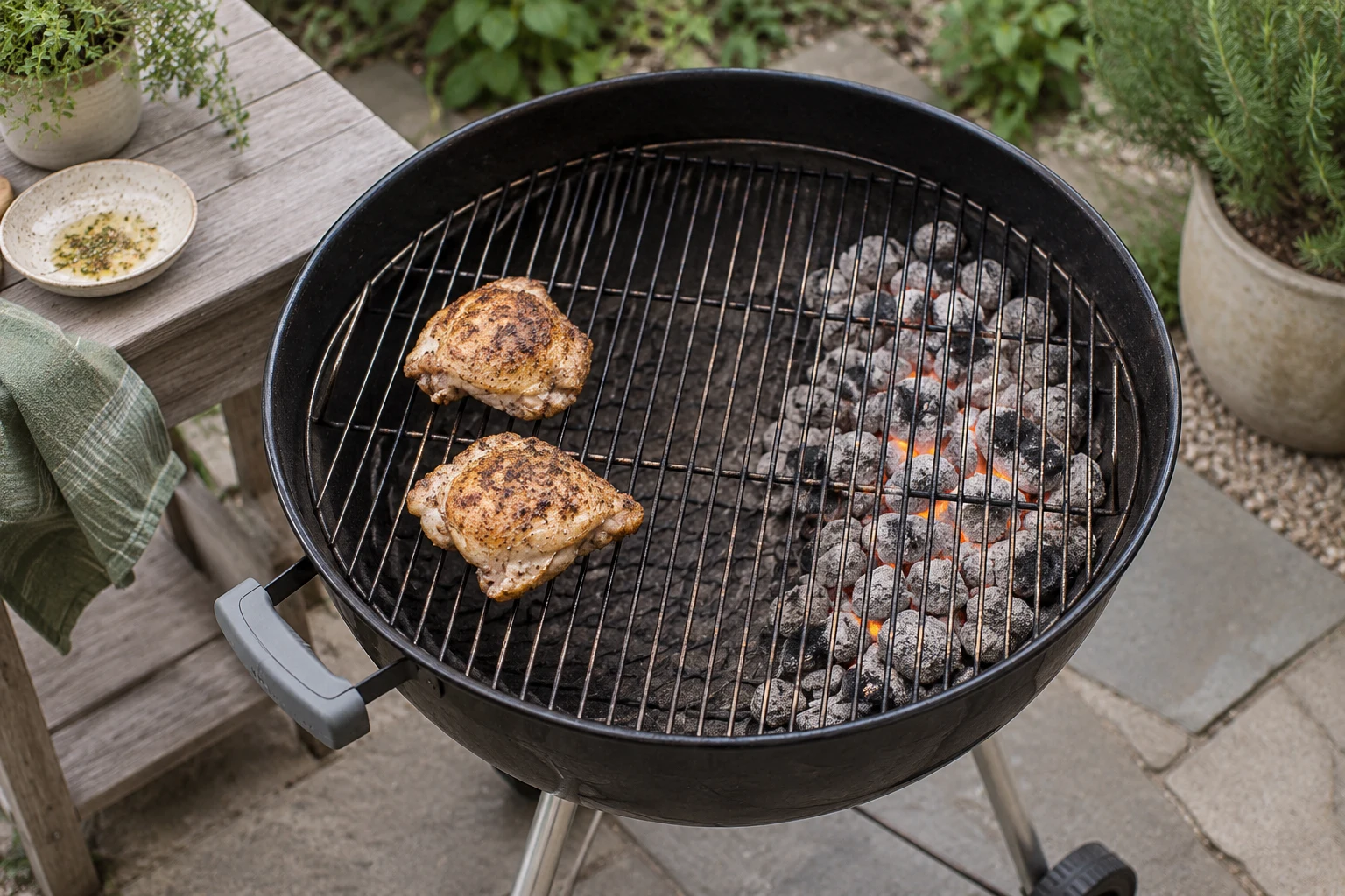 A kettle grill with charcoal banked to one side beneath the grate, two modest chicken pieces on the coal-free opposite half