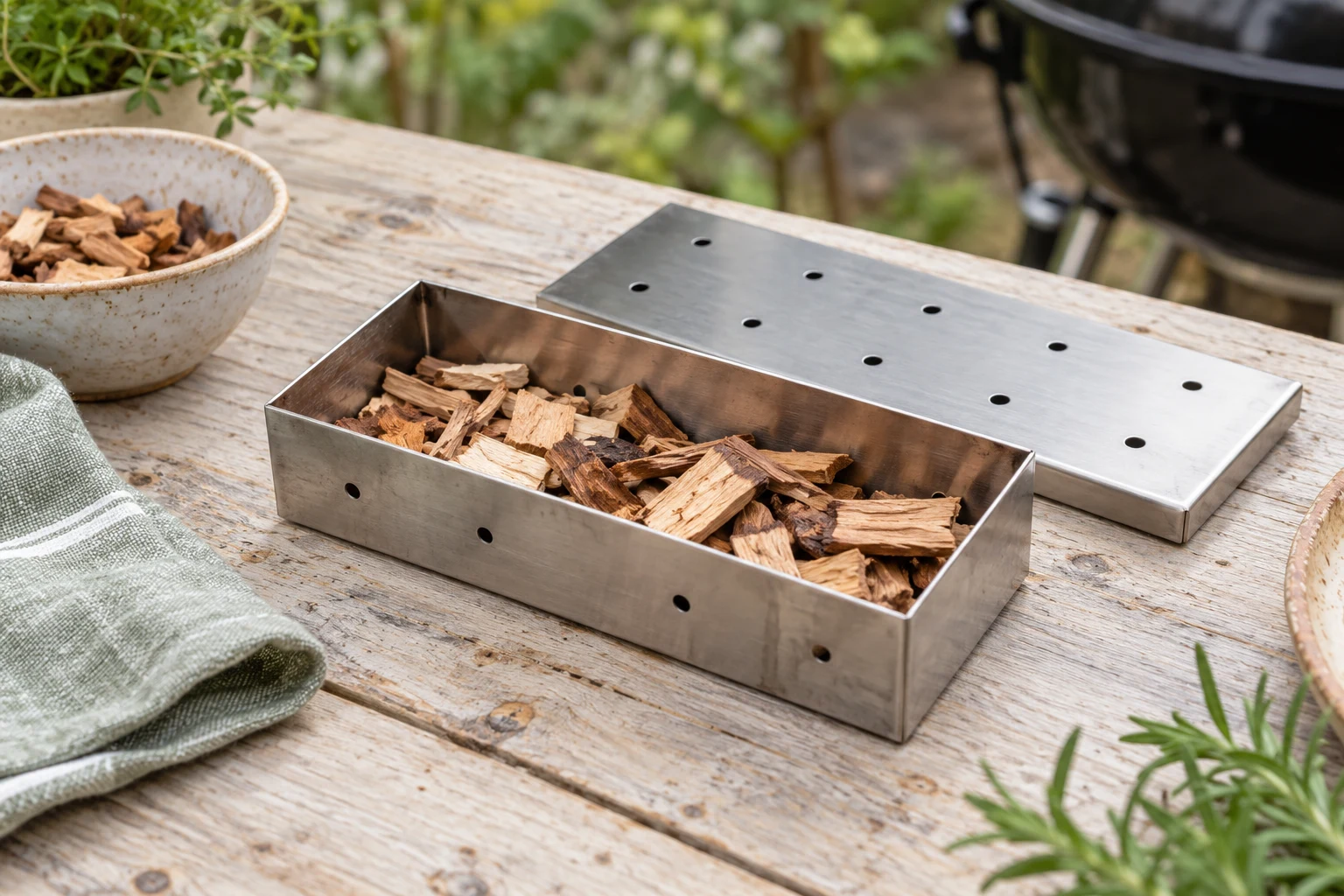 Close-up of an open rectangular stainless steel smoker box holding a small handful of wood chips on a pale wooden preparation table; perforated lid resting beside it
