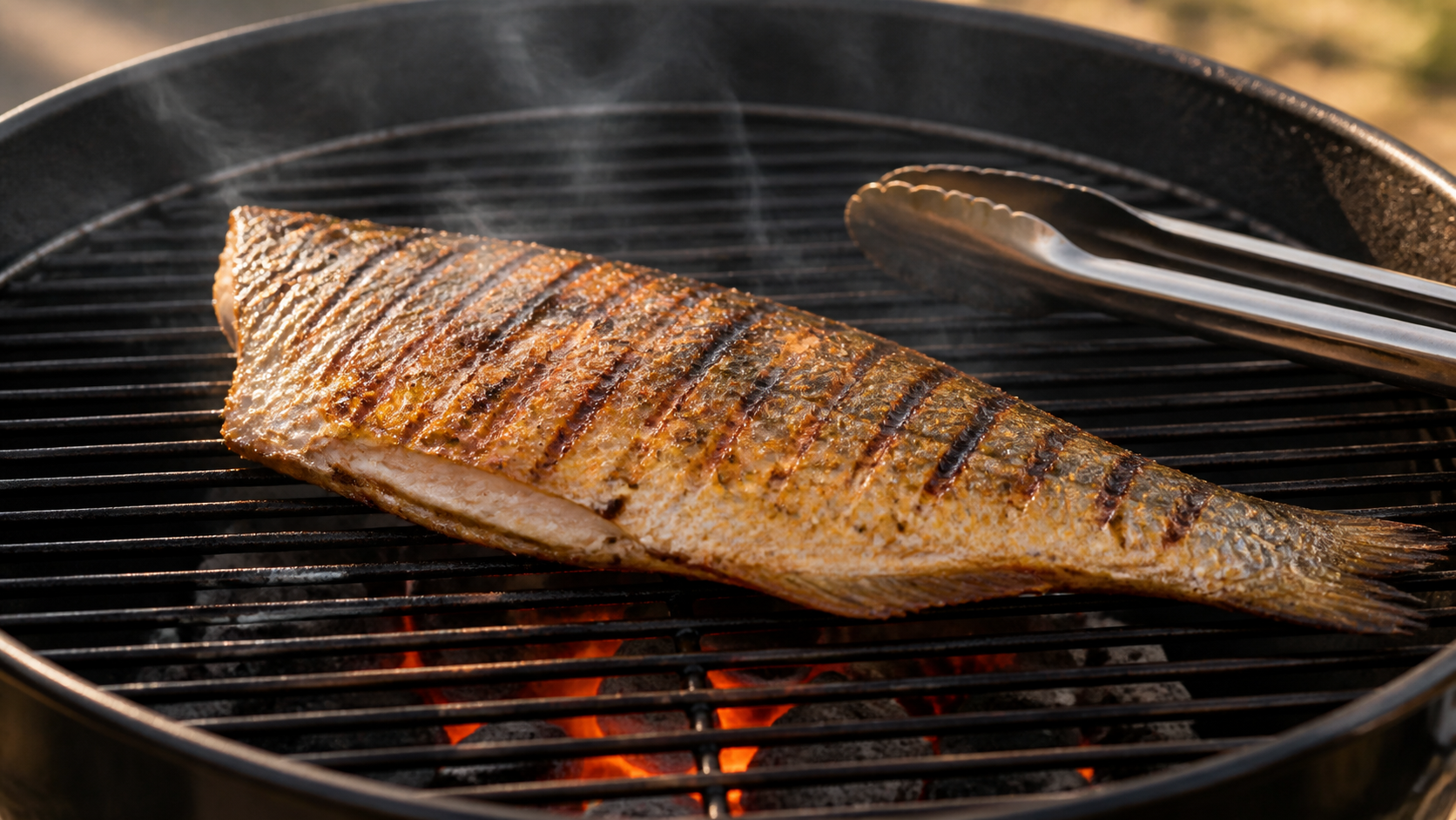 Grilled fish cooking over a smoky outdoor fire