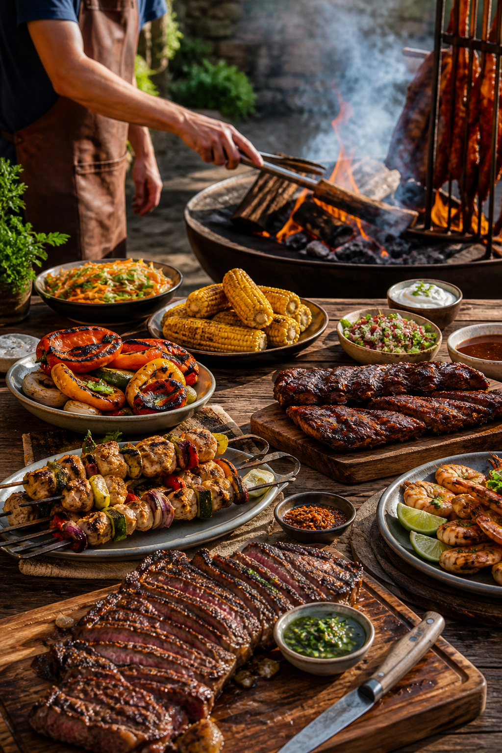A detailed flat-lay shot of a Korean Barbecue setup on a modern dining table