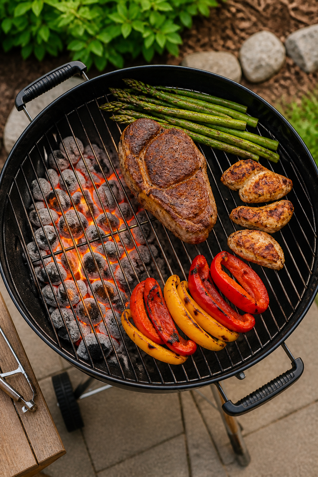 A detailed close-up shot of an outdoor grill grate with two distinct temperature zones