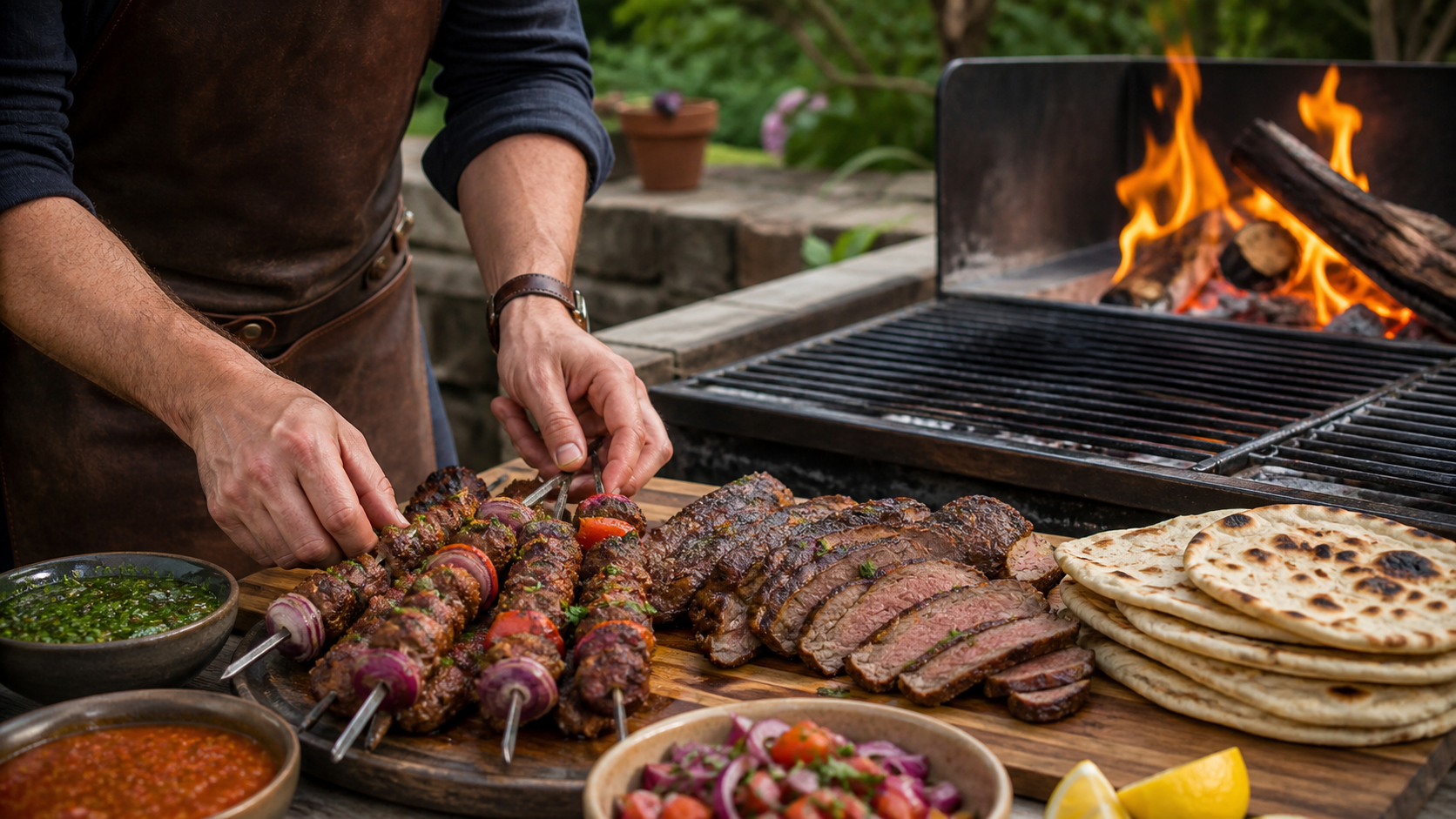 A high-contrast editorial shot focusing on the intense heat and structure of an Argentine Asado fire