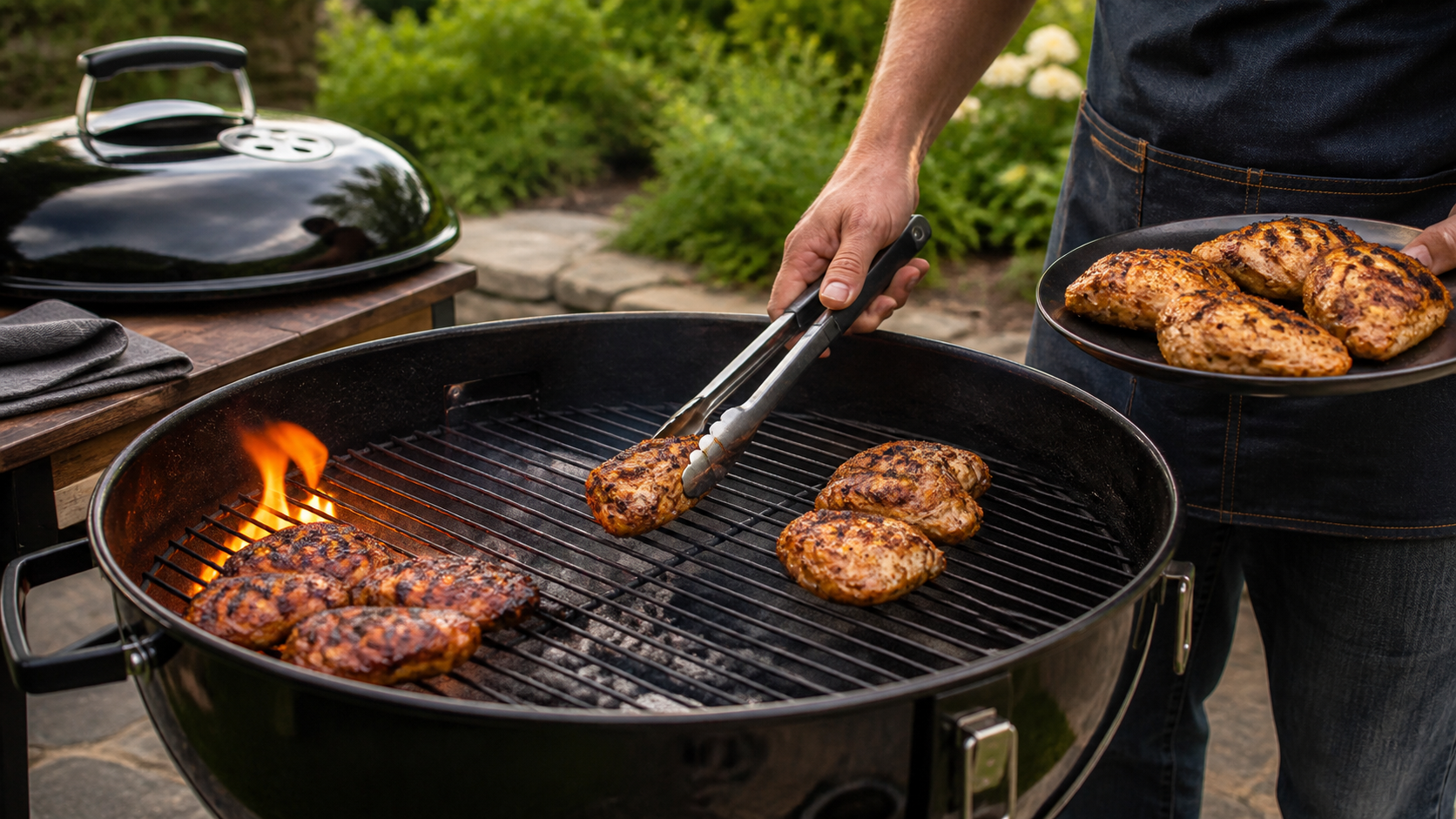 A focused, top-down view of a kettle grill's lower vents being adjusted by a hand wearing a heavy leather heat glove