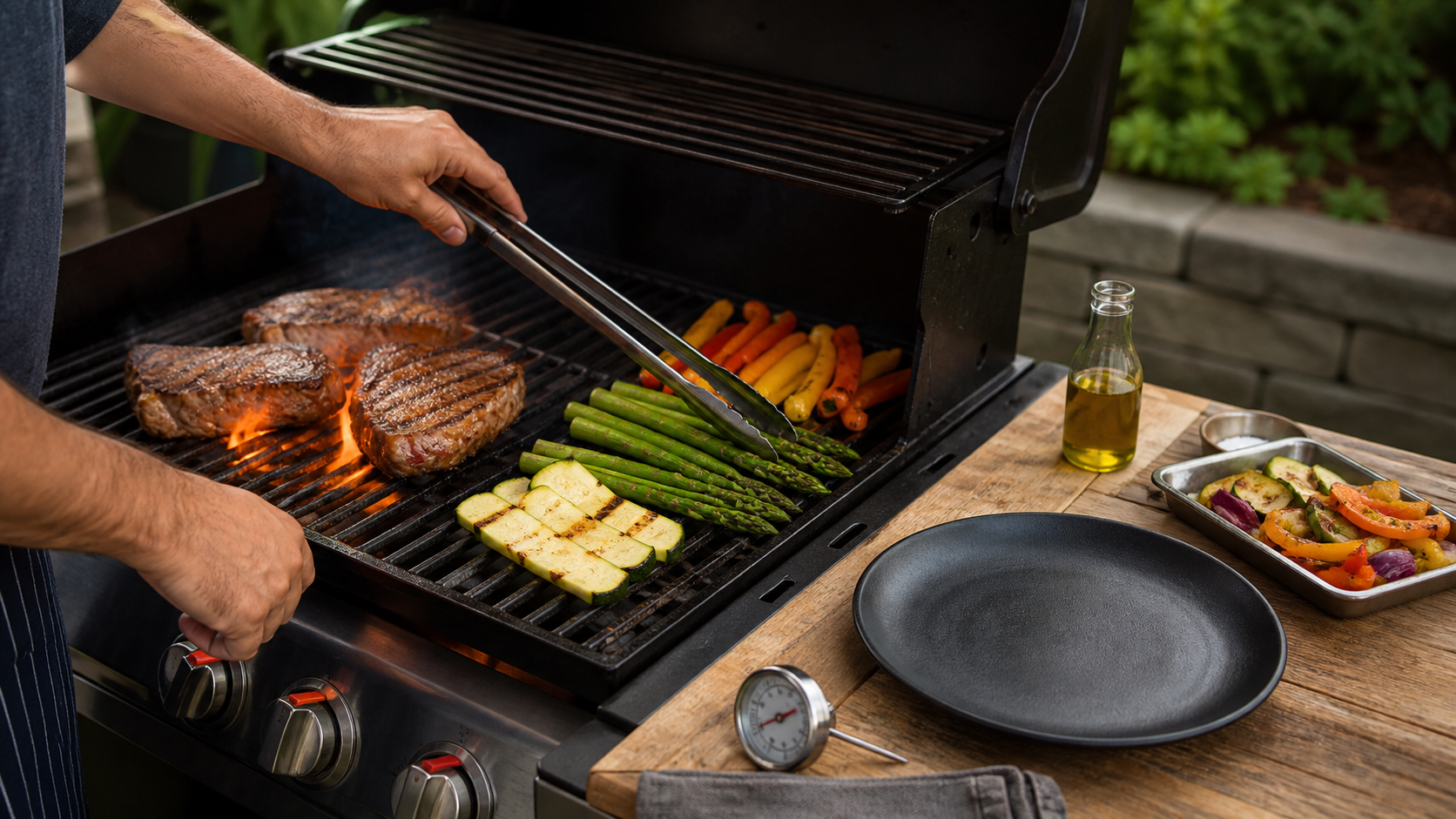 A close-up, highly detailed shot of a stainless steel grilling spatula flipping a perfectly charred hamburger patty on a cast iron grill grate